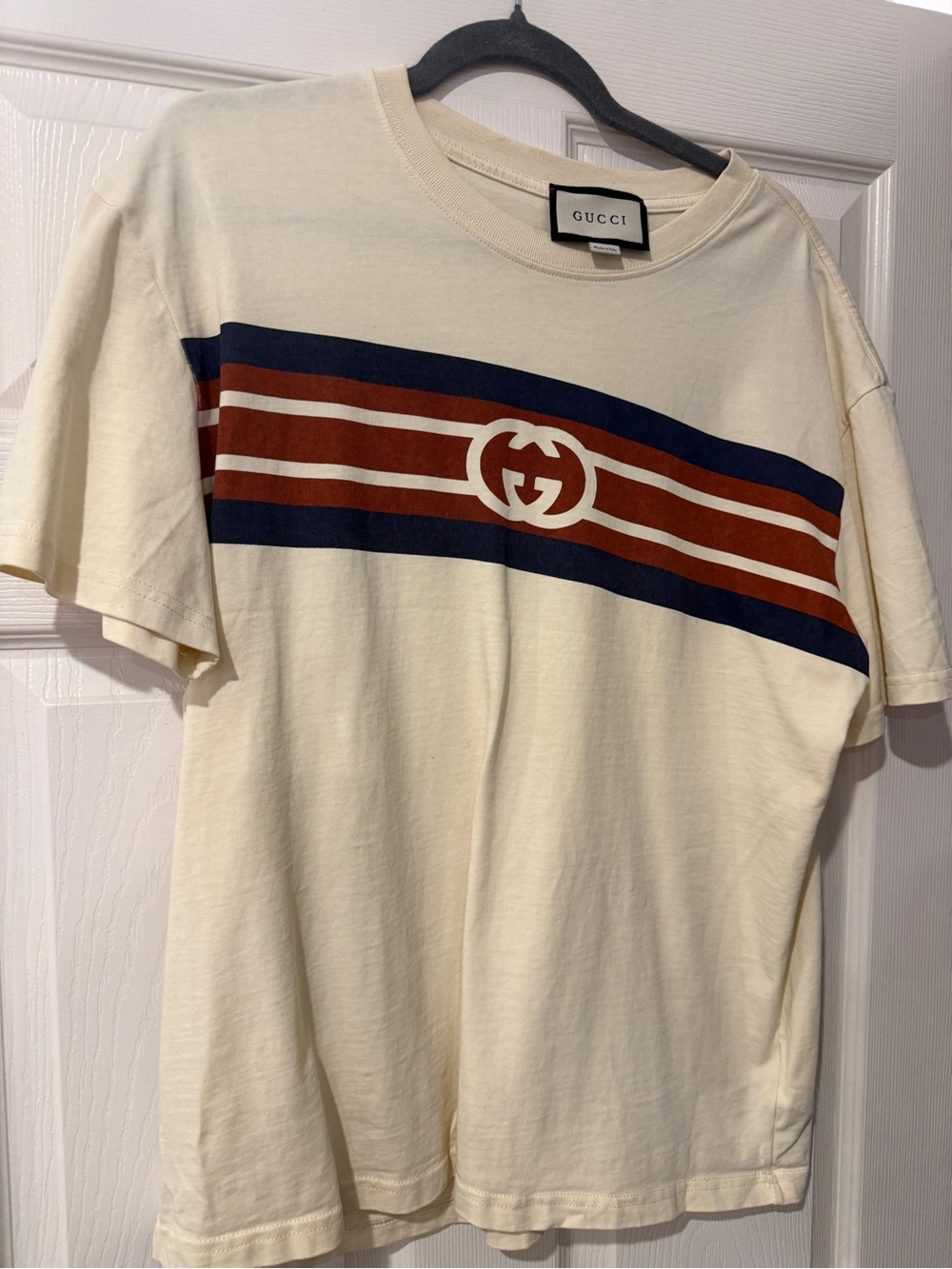 Gucci Cream Short Sleeve Tee with Navy and Rust Stripes